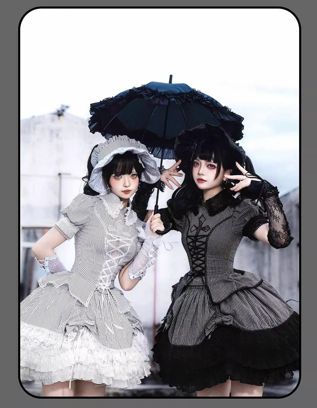 Susin Lolita - Striped Cross - Gothic Coordinated Lolita Set, Adjustable Blouse & Skirt