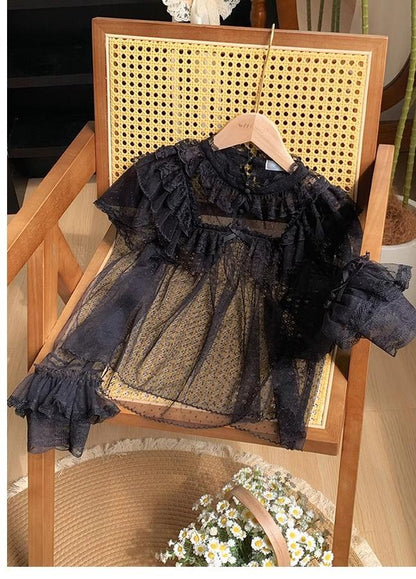 With PUJI - Letters and Poems - Summer Classic Lolita Shirt with Dotted Tulle and Long Sleeve