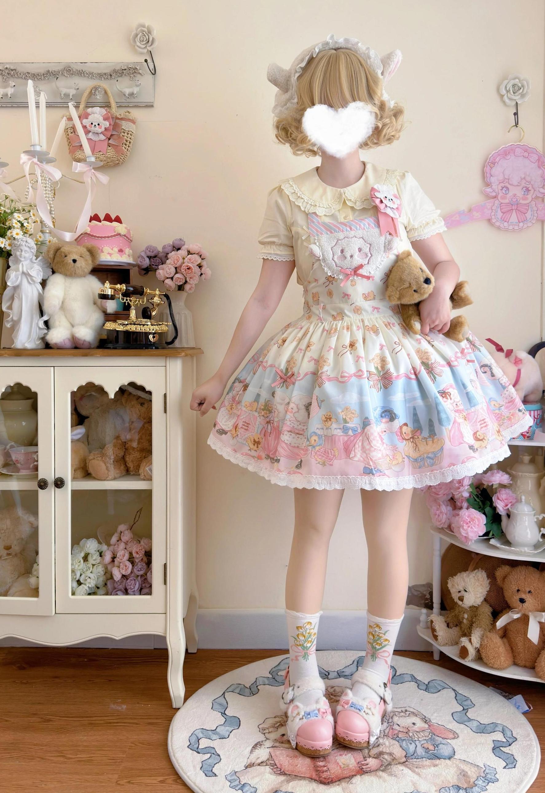 MeowMeow - Dance of the Lambs - Kawaii Lolita Salopette Dress With Cute Animal Prints
