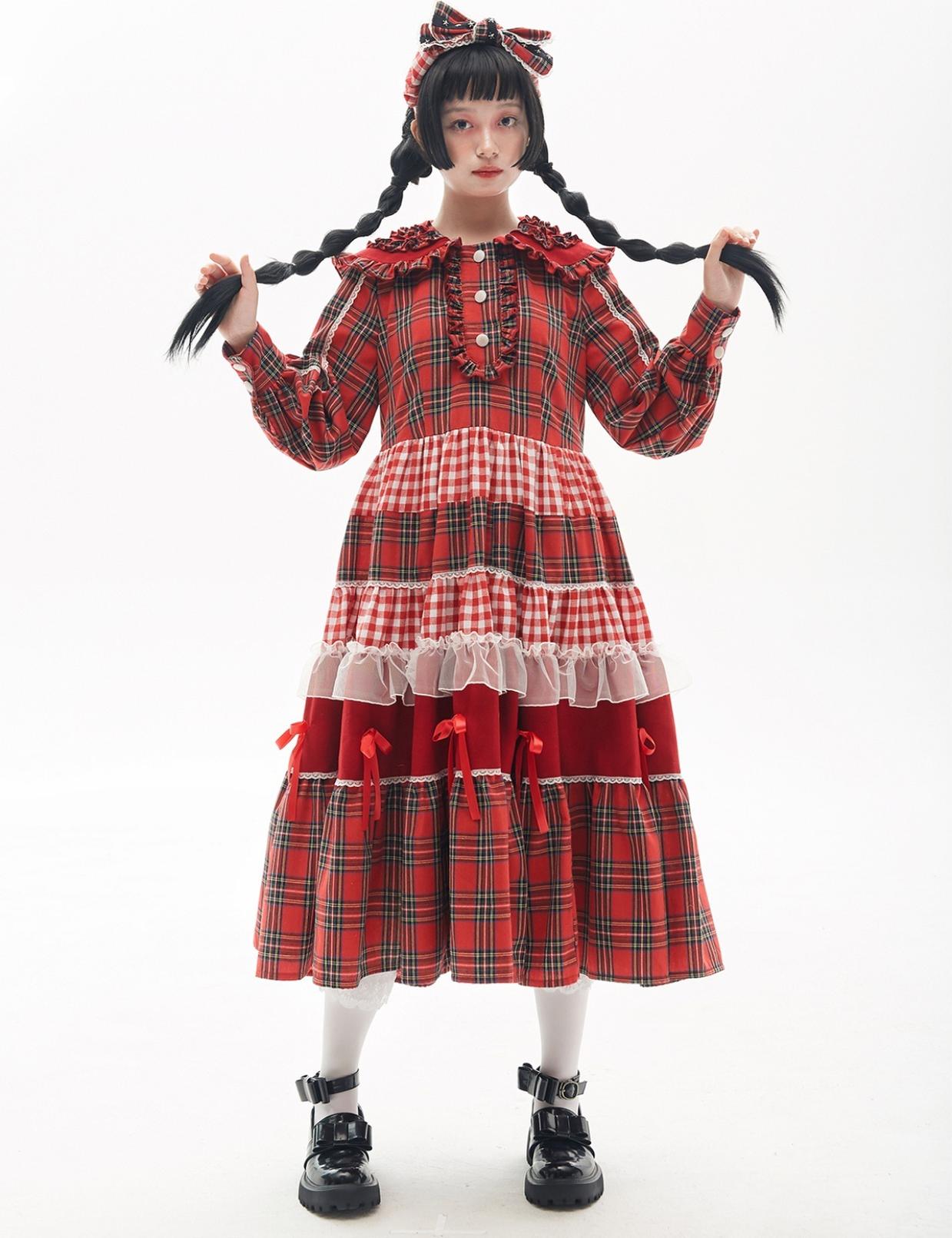 Soso Meme Club - Vintage Lolita OP Dress Red Lolita Plaid Dress for Spring Summer
