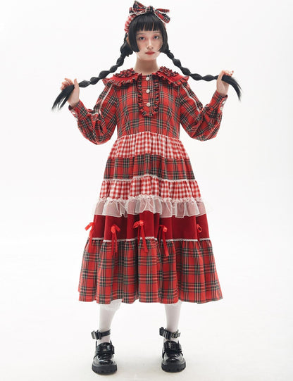 Soso Meme Club - Vintage Lolita OP Dress Red Lolita Plaid Dress for Spring Summer