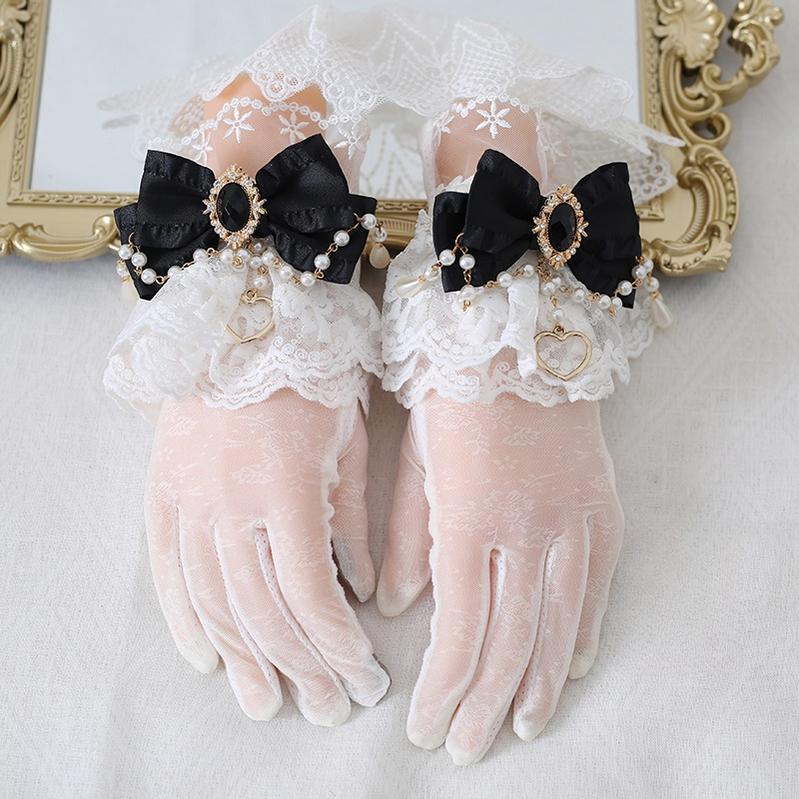 Xiaogui - Vintage Lolita Gloves Lace Bow Bead Chain Sunscreen Gloves