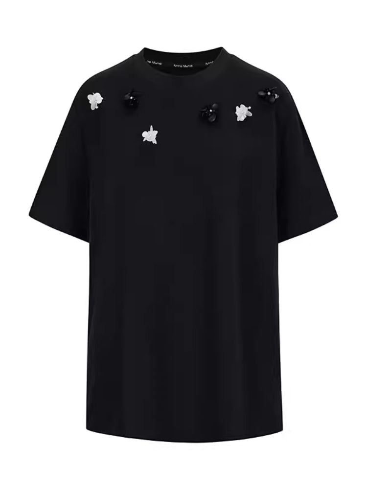 Retro three-dimensional beaded flowers loose T-shirt【s0000008192】
