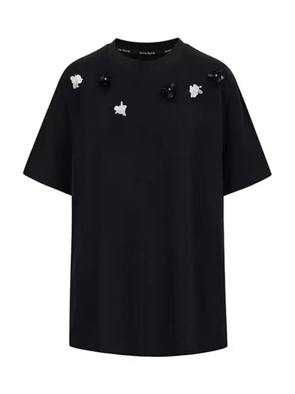 Retro three-dimensional beaded flowers loose T-shirt【s0000008192】