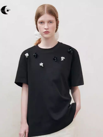 Retro three-dimensional beaded flowers loose T-shirt【s0000008192】