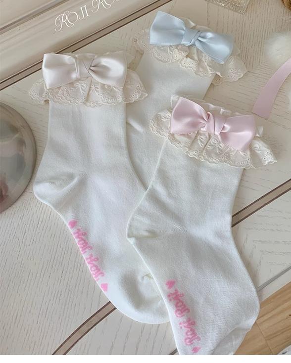 Roji Roji - Cotton Lolita Socks Lace Bow White Socks