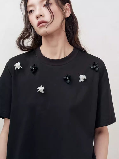 Retro three-dimensional beaded flowers loose T-shirt【s0000008192】