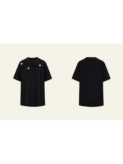 Retro three-dimensional beaded flowers loose T-shirt【s0000008192】