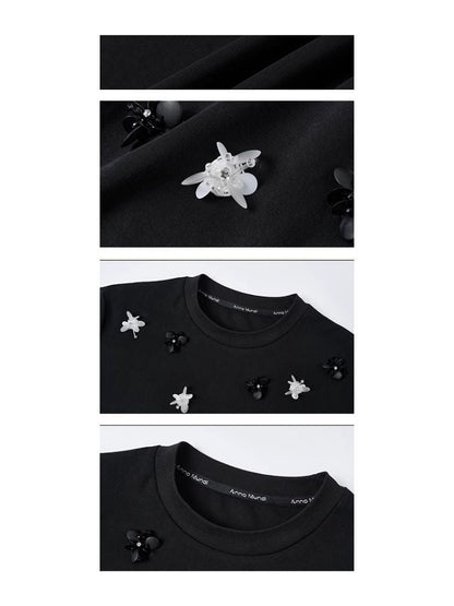 Retro three-dimensional beaded flowers loose T-shirt【s0000008192】