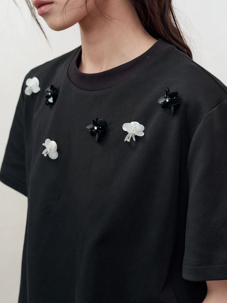 Retro three-dimensional beaded flowers loose T-shirt【s0000008192】