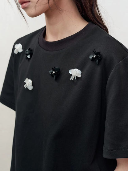 Retro three-dimensional beaded flowers loose T-shirt【s0000008192】