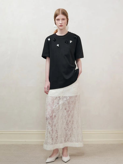 Retro three-dimensional beaded flowers loose T-shirt【s0000008192】