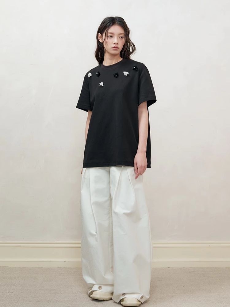 Retro three-dimensional beaded flowers loose T-shirt【s0000008192】