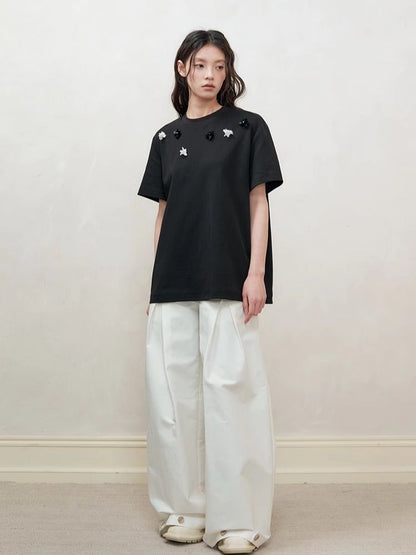 Retro three-dimensional beaded flowers loose T-shirt【s0000008192】