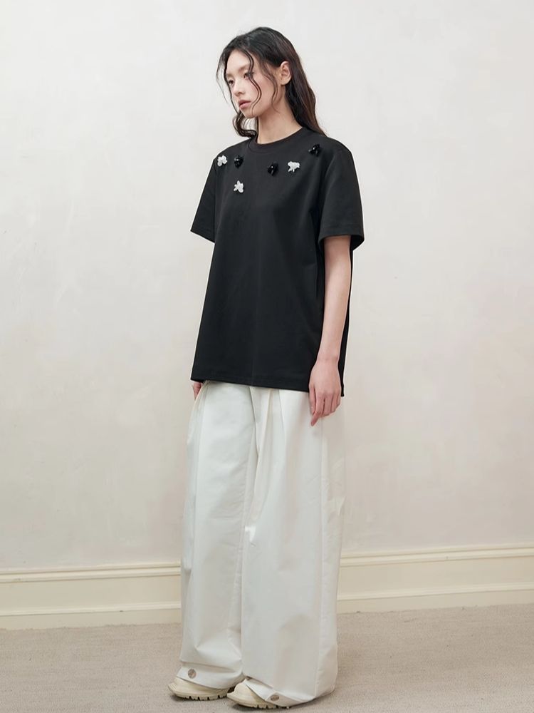 Retro three-dimensional beaded flowers loose T-shirt【s0000008192】