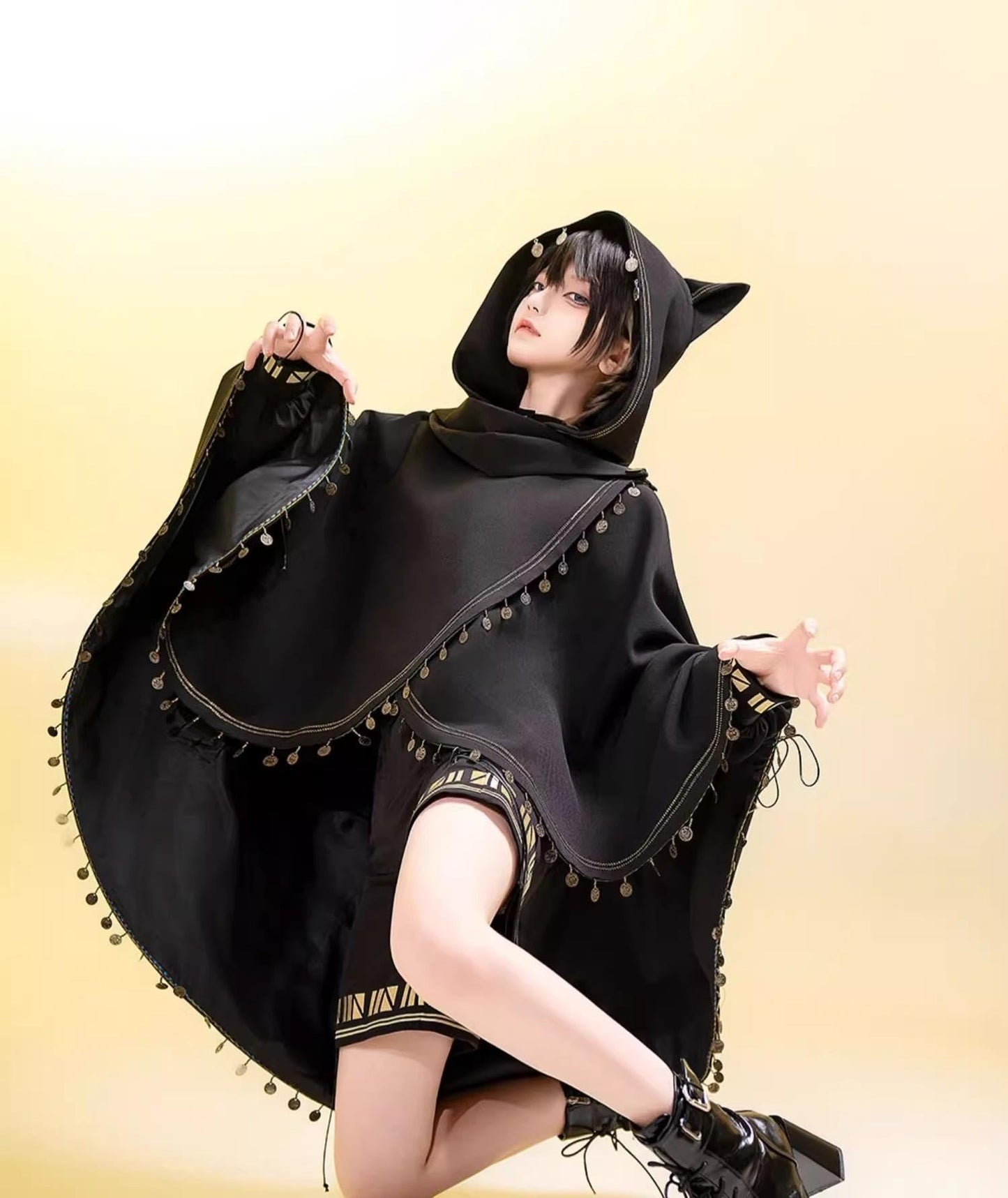 Princess Chronicles - Black Cat - Black Ouji Lolita Cape with Cool Cat Ear Hood