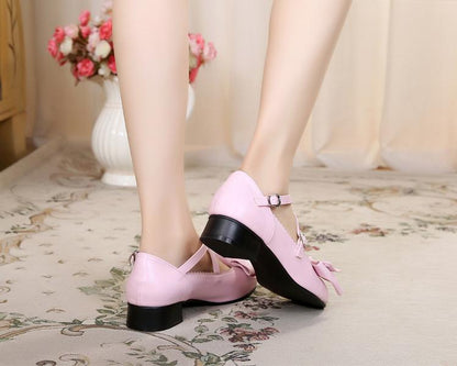 Sosic - Bow and Low Heel Cross Band Lolita Leather Shoes