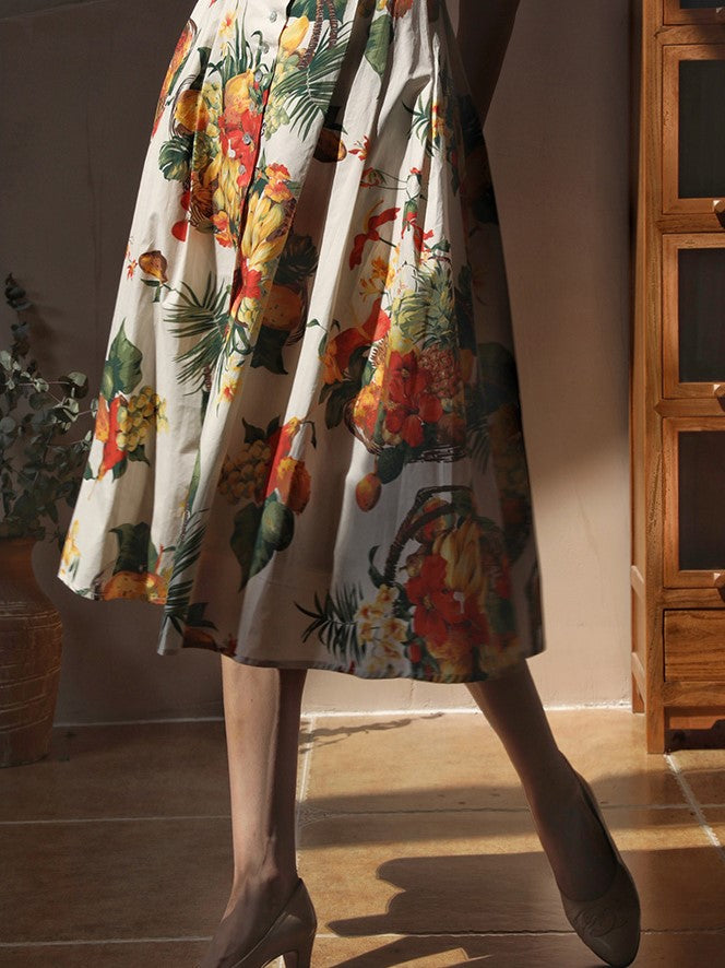 Wisteria yellow and red orange flower pattern vintage dress