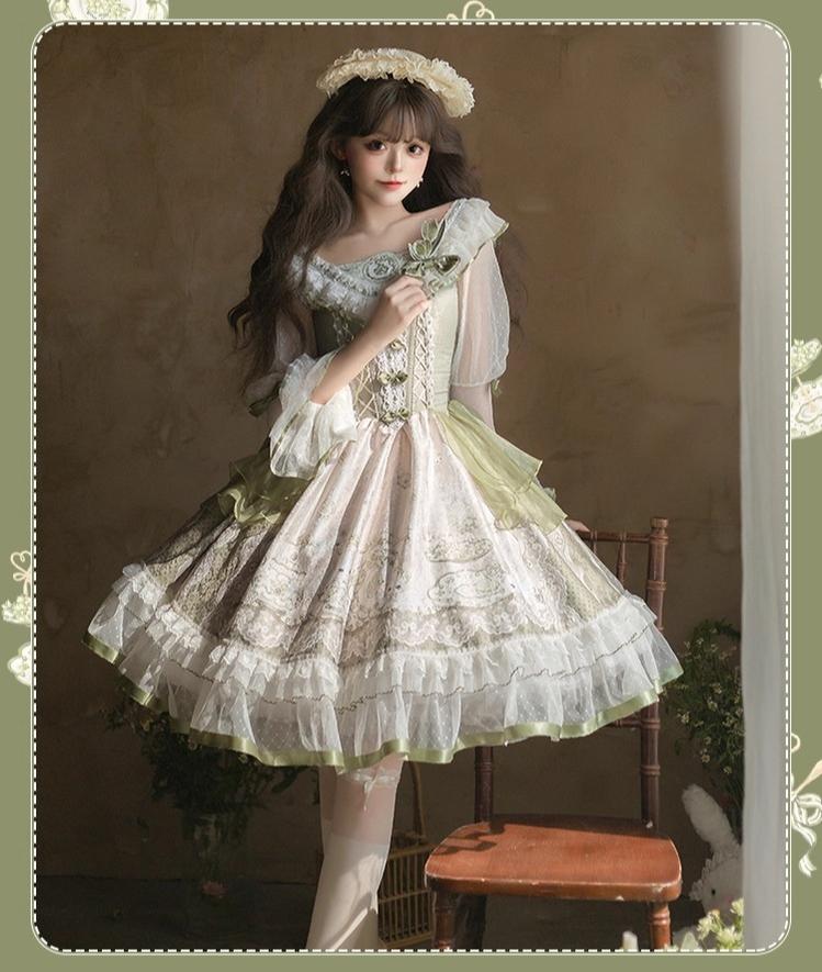 YingLuoFu - Teacup Bunny - Classic Lolita OP Dress, Fresh Green Floral Print