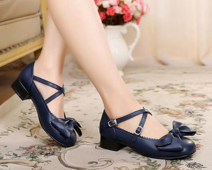 Sosic - Bow and Low Heel Cross Band Lolita Leather Shoes