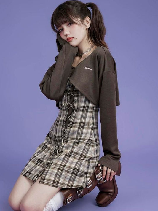 Brown lattice camisole cardigan two-piece set 【s0000004428】