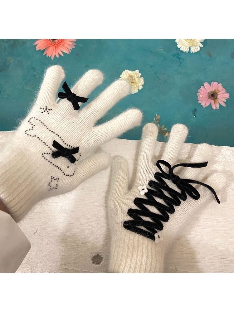 Cute warm plush bow rhinestone rabbit hair gloves【s0000004514】