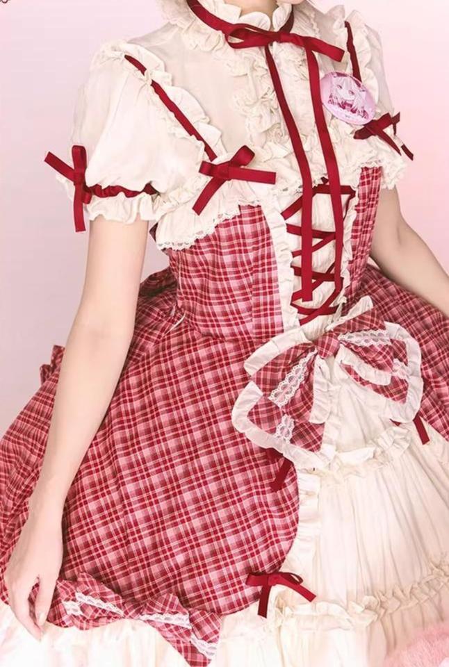 Confession Balloon - Red Plaid Cake Skirt - IP Collab Lolita Plaid JSK Dress