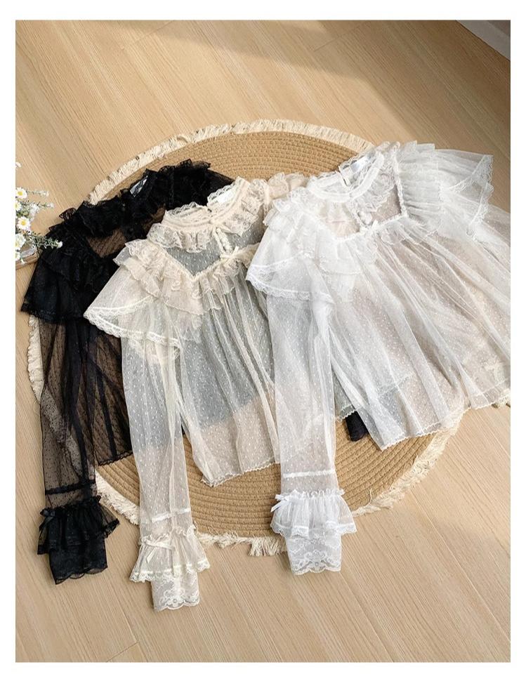 With PUJI - Letters and Poems - Summer Classic Lolita Shirt with Dotted Tulle and Long Sleeve