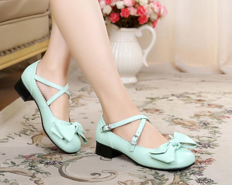 Sosic - Bow and Low Heel Cross Band Lolita Leather Shoes