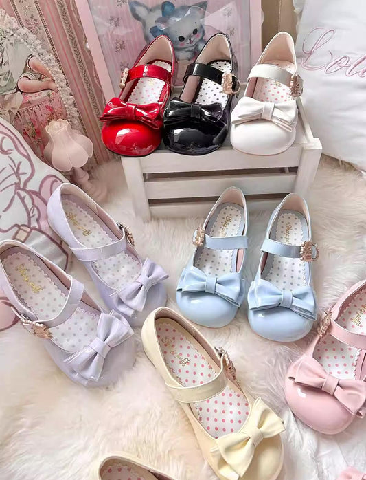 Sheep Puff - Hug Bear - Sweet Lolita Heel Shoes Bear Metal Buckle Bow Shoes