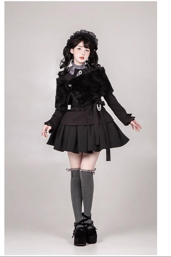 With PUJI - Old Testament - Classic Lolita Coat Black Plush Lolita Cape and Brooch