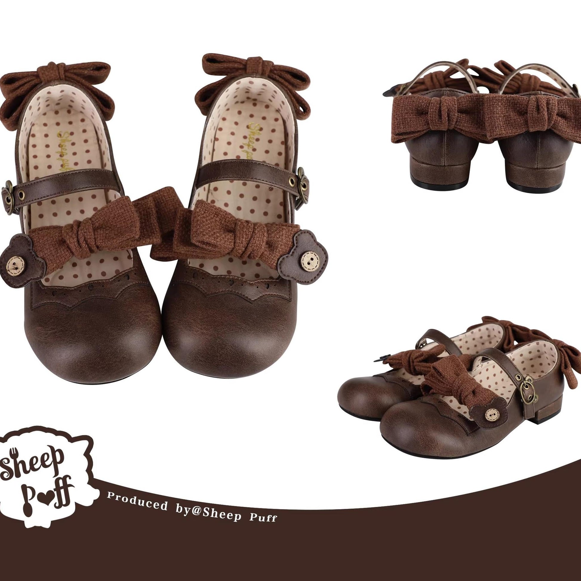 Sheep Puff - Bear Room - Sweet Lolita Shoes Double Bow Round Toe Flat Shoes