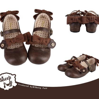 Sheep Puff - Bear Room - Sweet Lolita Shoes Double Bow Round Toe Flat Shoes
