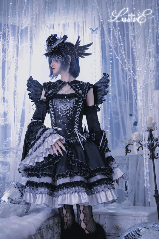 LustrE - Metallic Angel Black - Gothic Lolita Rhinestone Top & Ruffled Skirt Set