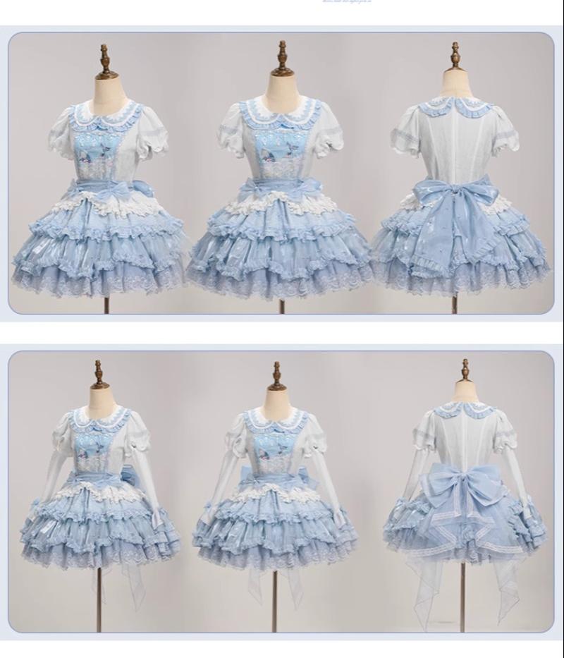 Honey Machine - Blue Whale - Sweet Lolita OP Suit Tiered Ruffle Dress with Shell Lace