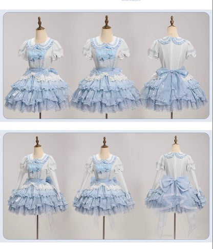 Honey Machine - Blue Whale - Sweet Lolita OP Suit Tiered Ruffle Dress with Shell Lace