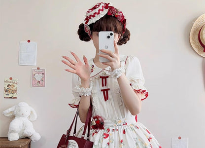 Piggy Bun - Sweet Lolita Shirt Strawberry Embroidery Ivory Blouse