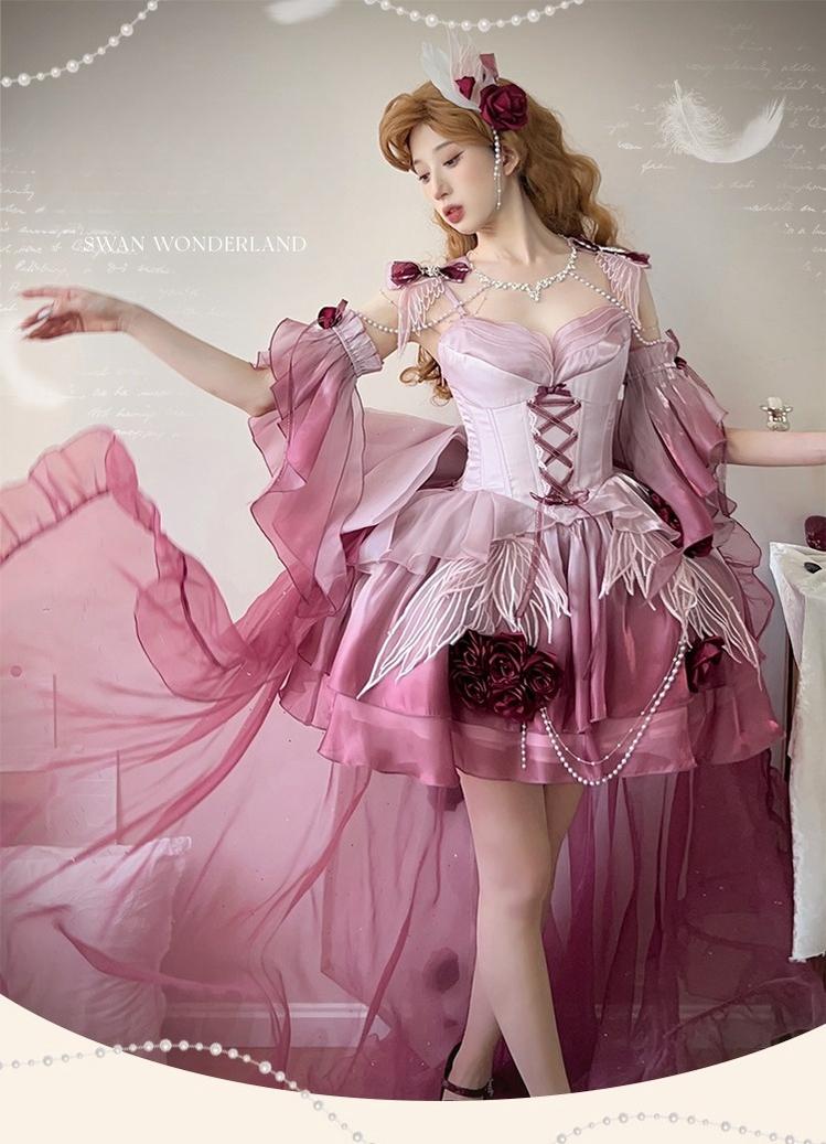 Meowing and Fruity - Swan Wonderland - Fairy Lolita JSK with High-Low Hem