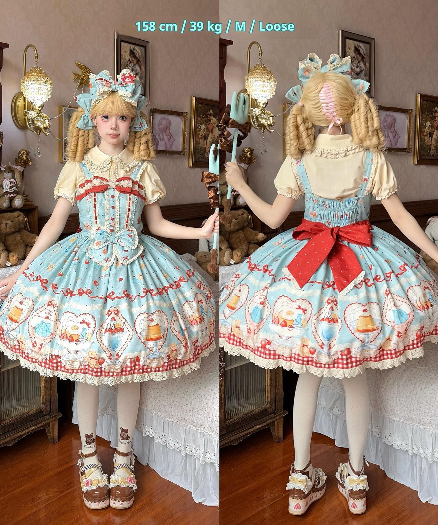 DreamWhale - Showa Dessert Showcase - Kawaii Lolita Dress Suit Pudding-Inspired JSK/Salopette