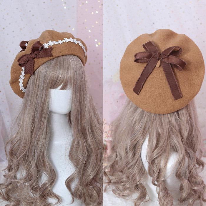 Xiaogui - Sweet and Lovely Daisy Bowknot Woolen Beret