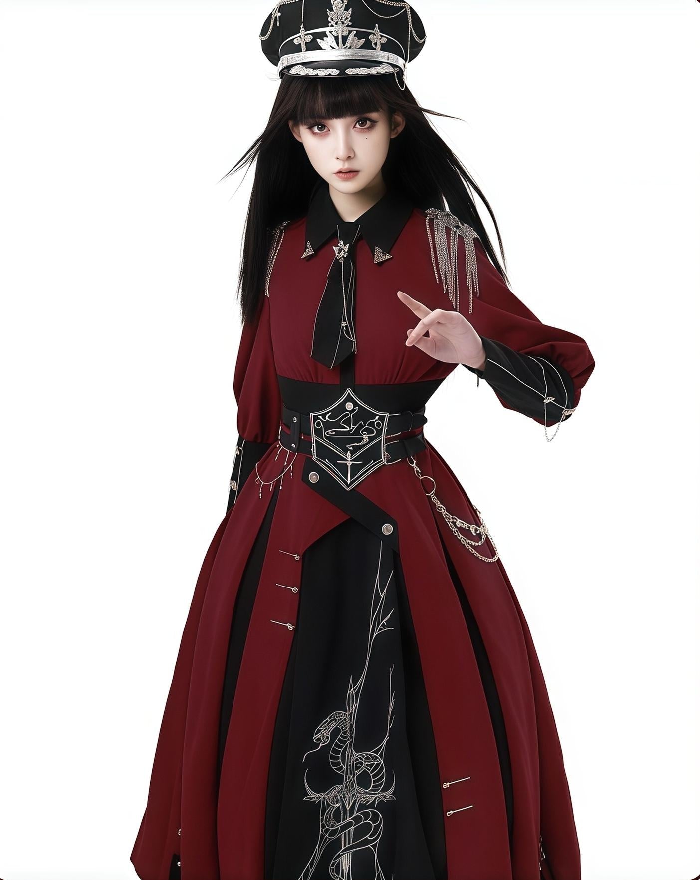 CHUNLV LOLITA - Crimson Knight - Military Lolita Dress Outfit Red OP Black Cloak Waistband