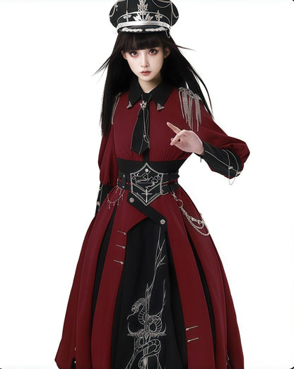 CHUNLV LOLITA - Crimson Knight - Military Lolita Dress Outfit Red OP Black Cloak Waistband