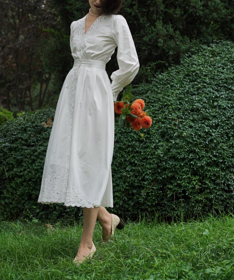 Floral embroidery white vintage dress