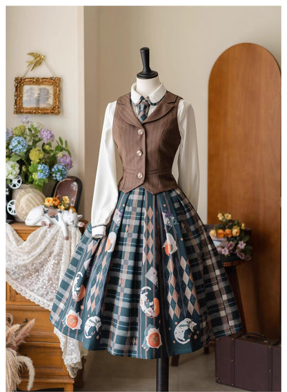 Forest Wardrobe - Persimmon Orange Cat - Vintage Brown Lolita Vest With Lapel Collar