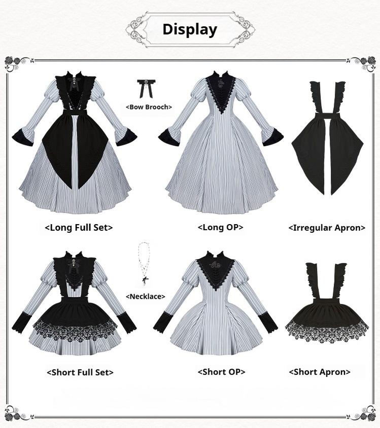 With PUJI - Nocturne SP - Striped Gothic Lolita OP Twin Lolita Dress with Apron