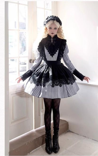 With PUJI - Nocturne SP - Striped Gothic Lolita OP Twin Lolita Dress with Apron