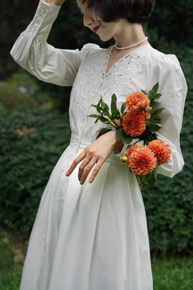 Floral embroidery white vintage dress