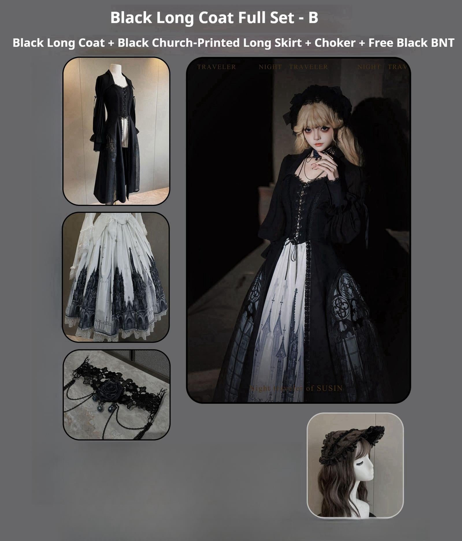 Susin Lolita - Night Traveler - Gothic Lolita Skirt Outfit Long Coat Shirt and Bustier Set