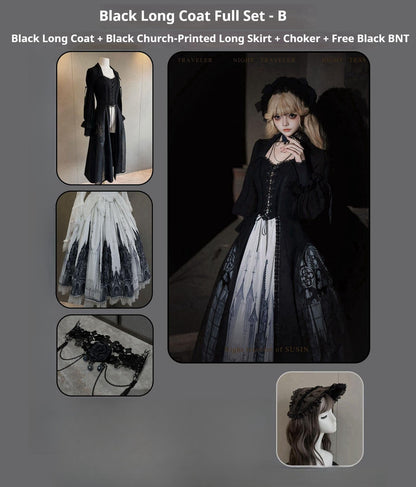 Susin Lolita - Night Traveler - Gothic Lolita Skirt Outfit Long Coat Shirt and Bustier Set
