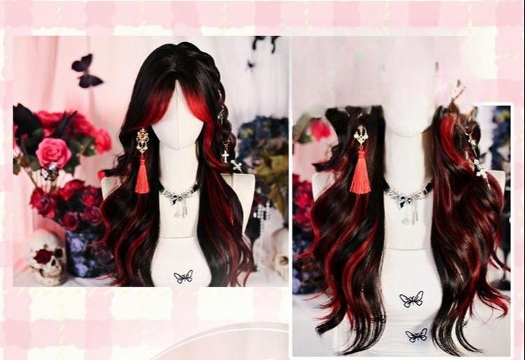 Dalao Home - Bathing Flames - Black Gothic Lolita Wig Red-black Highlighted Long Hair